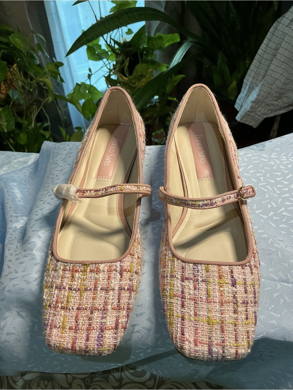 Franco Sarto Pink Tweed Mary Jane Flats with Multicolor Accents